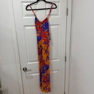 ModCloth Womens Floral Wide Leg Jumpsuit Orange Blue Retro Boho New Cruise Vacay
